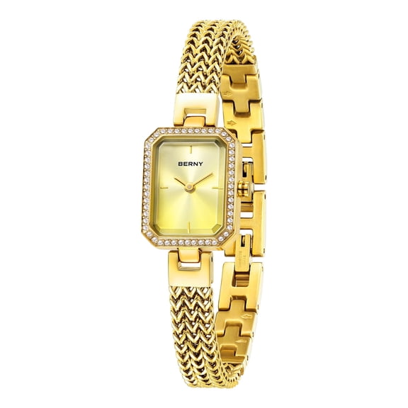 BERNY Small Gold Watches for Women, Dainty Rectangle Ladies Quartz Wrist Watch with Stainless Steel Bracelet Band, Waterproof Fashion Analog Women Watch Luxury Gift, Gold
