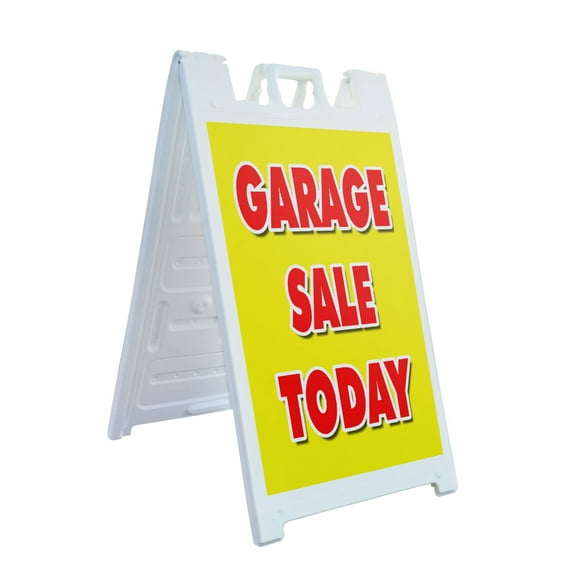 A-frame Sidewalk Garage Sale Today 24" x 36" Double Sided A-Frame Sidewalk Sign, Includes 2 Plastic Inserts | Foldable Portable White Signicade Sandwich Board Signs