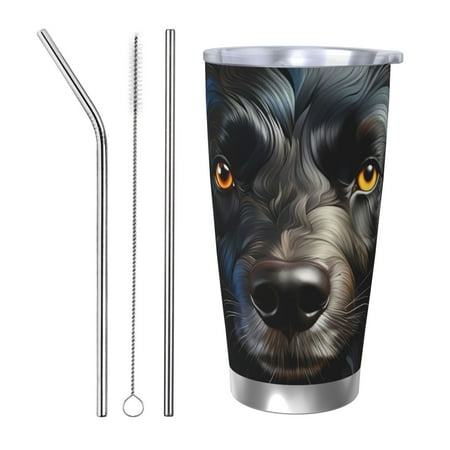

KLL Colorful Floral Black Dog Print 40oz Stainless Steel Insulated Car Cup with Spillproof Lid - Keep Your Drink Hot or Cold on the Go-Straw Three-piece Set