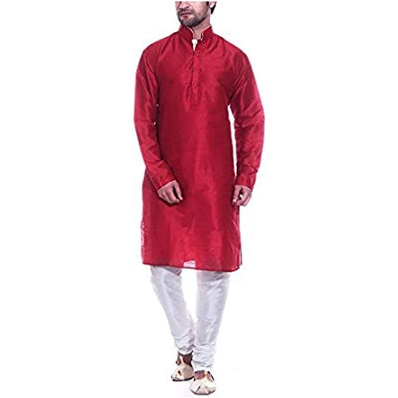 Royal Kurta Men's Dupion Silk Contrast Piping Kurta Churidar Red