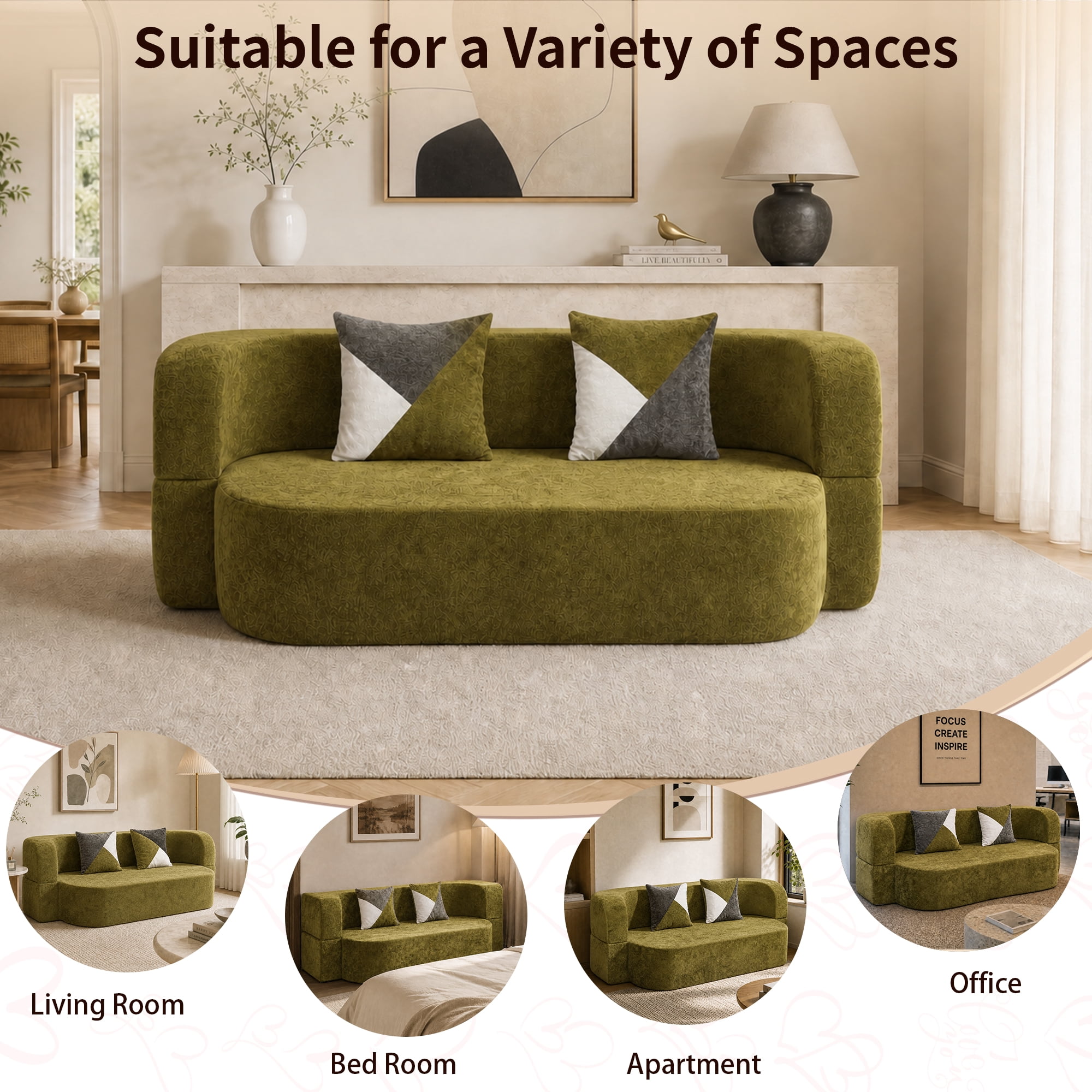 78.74"W Eggshell Convertible Sofa,Floor Couch,Sleeper Sofa Bed,No Assembly High-Density Sponge Loveseat with 2 Pillows for Living Room, Apartment,Small Spaces,Olive Green