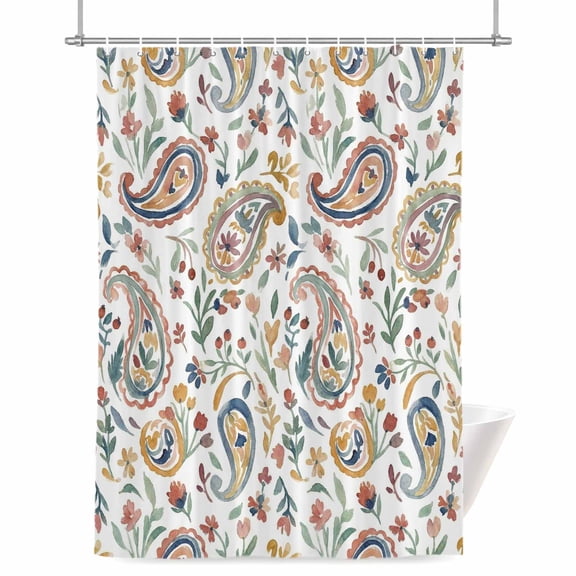 Yellow Blue Flower Shower Curtain, Watercolor Abstract Paisley Bohemia Texture Waterproof Shower Curtain Set with 12 Hooks Lightweight Bath Curtains Fabric Bathroom Decor 72x72 Inches