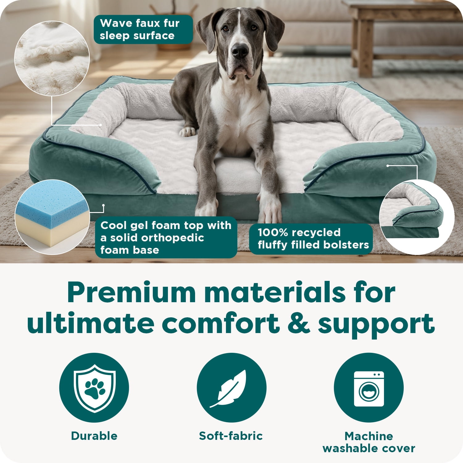 FurHaven Pet Products | Cooling Gel Memory Foam Orthopedic Perfect Comfort Velvet Waves Sofa-Style Couch Pet Bed for Dogs & Cats, Celadon Green, Jumbo Plus