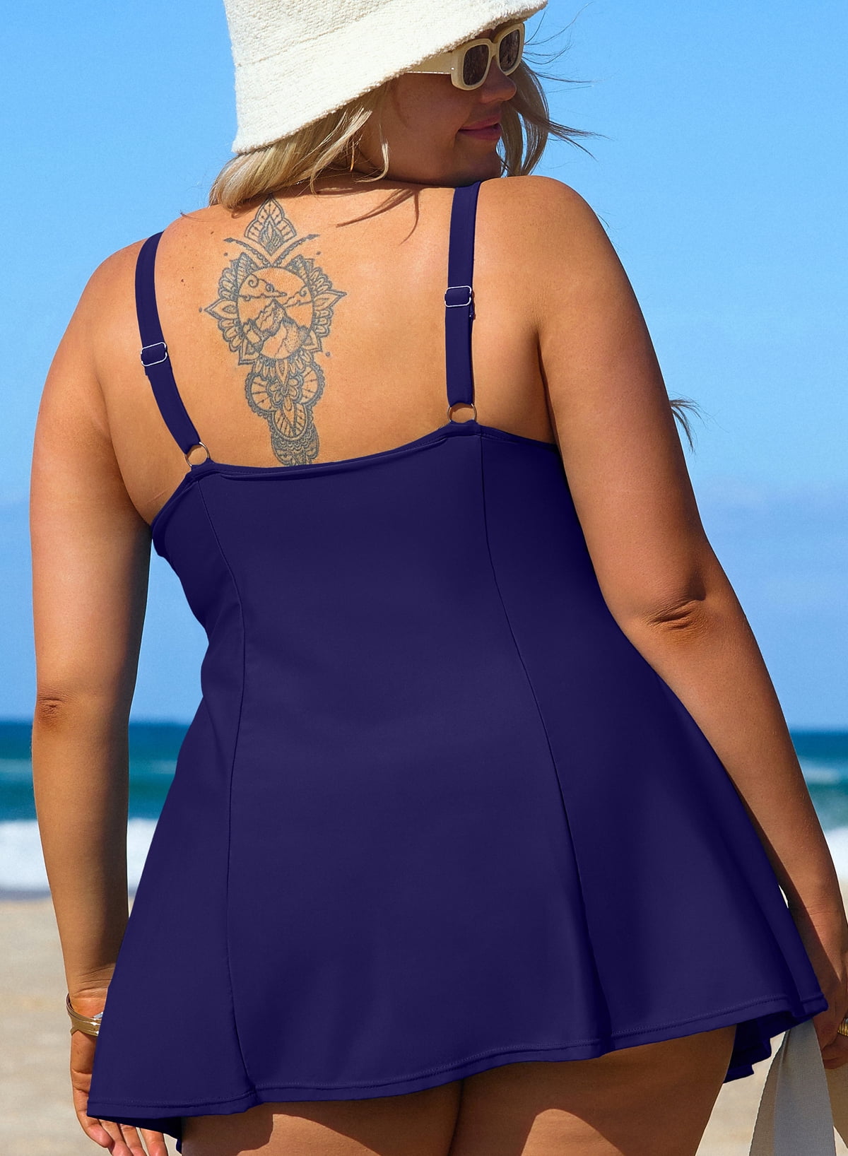 SHEWIN Woman Plus Bathing Suit One Piece Swim Dresses for Woman Tummy Control Swimm Suits with Pockets Navy Blue 3X