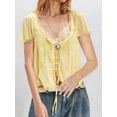 thumbnail image 2 of Women Tie Front Lace Trim Top Sheer Short Sleeve Scoop Neck Button Shirt Y2k Ruffle Flowy Boho Crop Tops Yellow S, 2 of 6