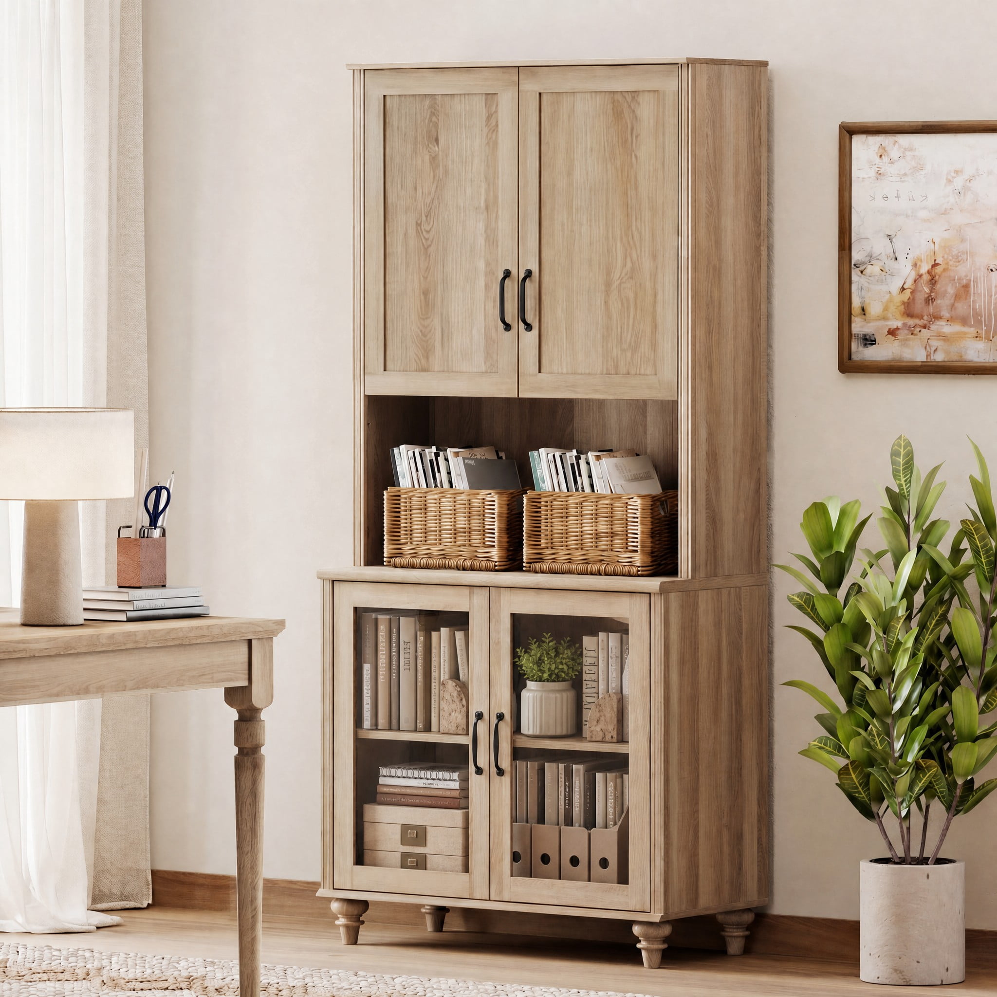 Oak 5-Tier Bookcase with Adjustable Shelf, Farmhouse Library Wooden Bookshelves for Living Room, Office, Study Room