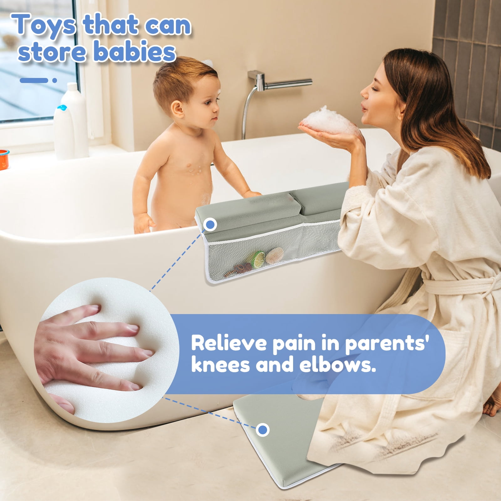 2Pcs Baby Bath Kneeler and and Elbow Rest Pad with 4 Bathtub Toy Organizer Gray