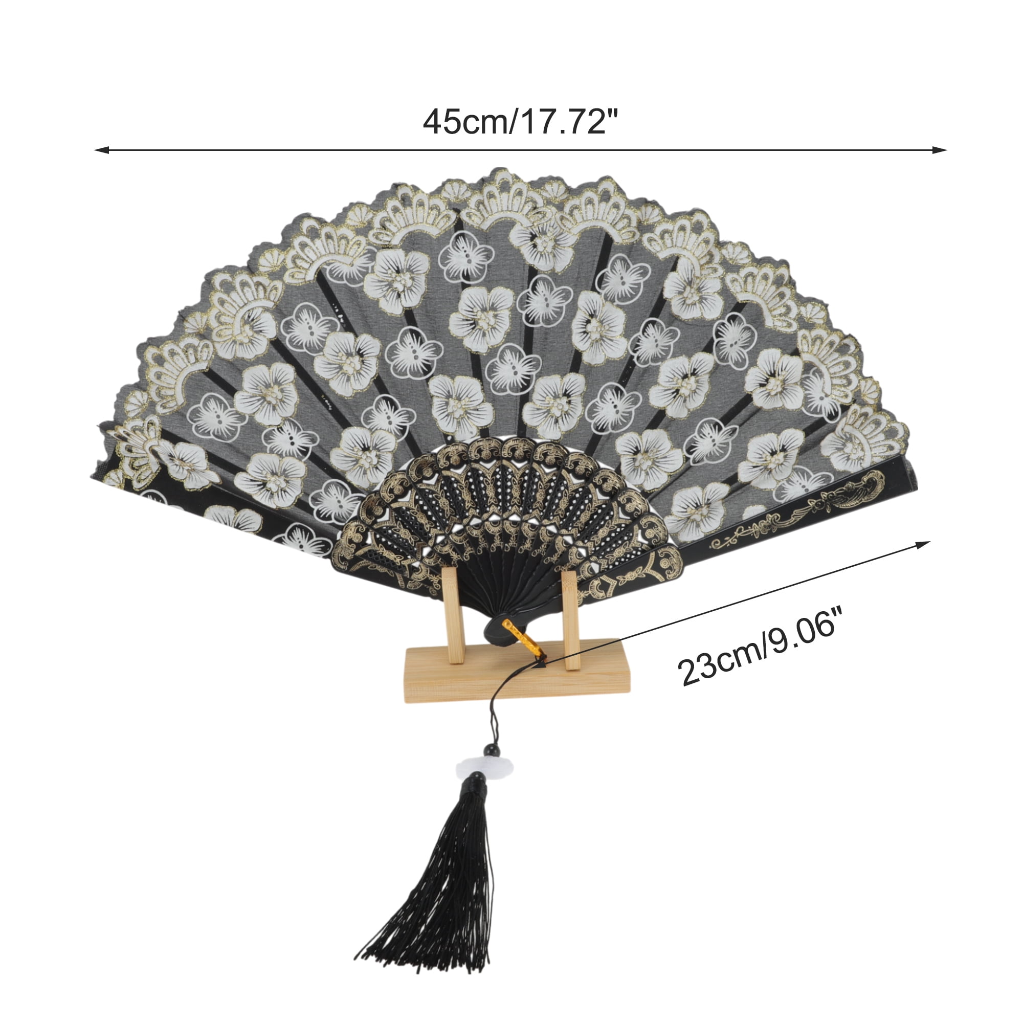 Unique Bargains Elegant Cherry Blossom With Tassel Folding Fan 1 Pc Black