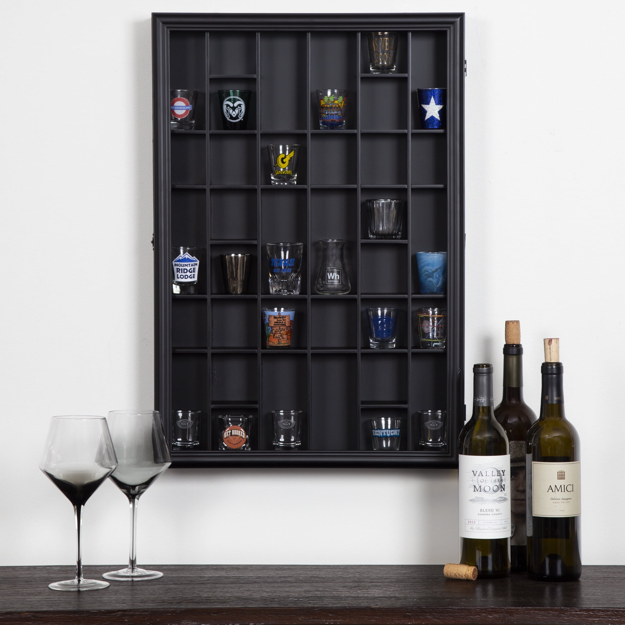 Gallery Solutions Wall Mounted Shot Glass Display Cabinet Case, Black, 26.2" x 2.7" x 17.9"