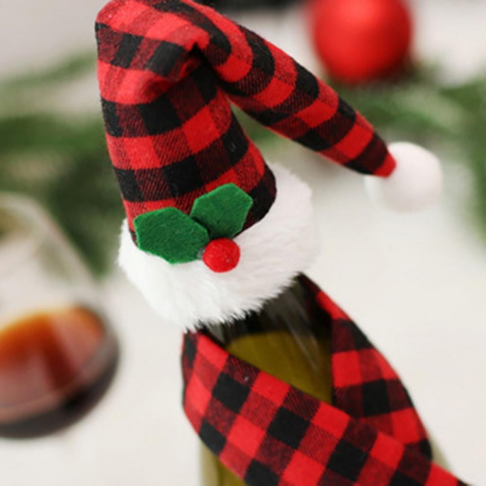 12 Pieces Christmas Wine Bottle Cover Set Christmas Buffalo Plaid 6 Pieces  Mini Xmas Santa Hat, 6 Pieces Christmas Bottle Santa Scarf for Christmas