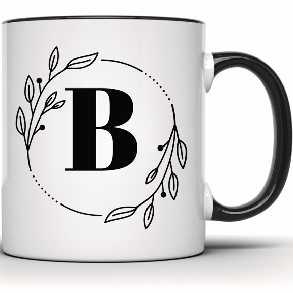 Floral Initial B Mug - Monogrammed Coffee & Tea Mug - Custom Letter B Gift for Her - Office & Home Use - 11 Ounce Black Rim Handle Novelty Coffee Cup - WMUG0352-Black Rim