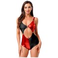 thumbnail image 1 of inlzdz Tenue de Rave Métallique Brillante pour Femmes Costume de Performance de Scène Justaucorps Creux Contraste Rouge TG, 1 of 5