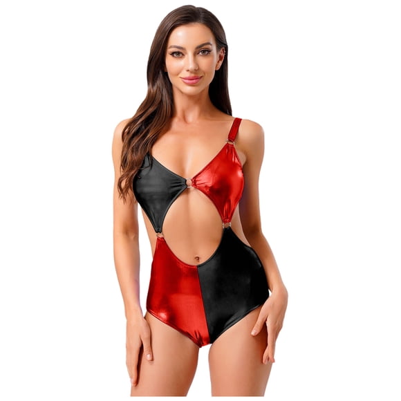 inlzdz Women's Shiny Metallic Rave Outfits Stage Performance Costume Hollow Out Bodysuit Contrast Red 3XL