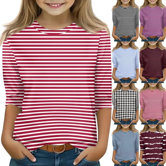 Girls Casual 3/4 Sleeve T Shirts Kids Crewneck Tops Fashion Striped Tees Vermilion,11-12 Years