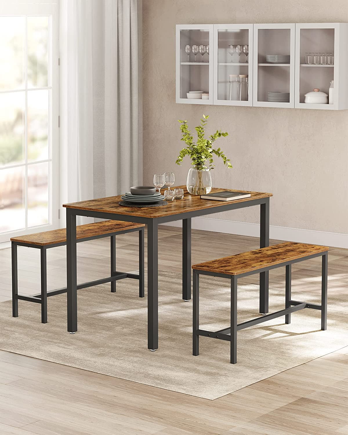 VASAGLE Dining Table Set Bar Table with 2 Dining Benches Kitchen Table Counter with Chairs Industrial for Kitchen Breakfast Table Living Room Party