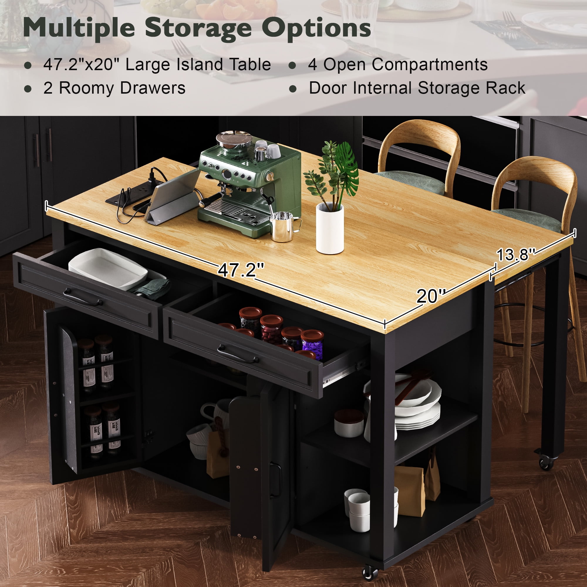 47" Kitchen Island with Extendable Table, Rubber Wood Veneer Kitchen Cart Table with Storage, Power Outlet, Rolling Island Cart For Kitchen, Black