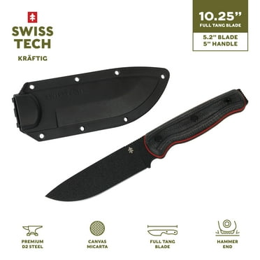 Swiss Tech Kraftig 10.25'' Large Bushcraft Fixed Blade Knife, Taktil D2 Steel Blade, Canvas Micarta, with Premium Hard Sheath