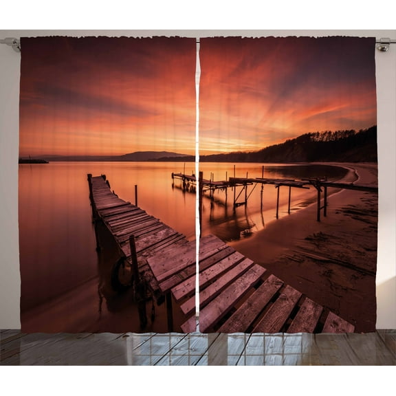 Ambesonne Orange Curtains 2 Panel Set, Twilight at Seaside, 108" x 90", Orange