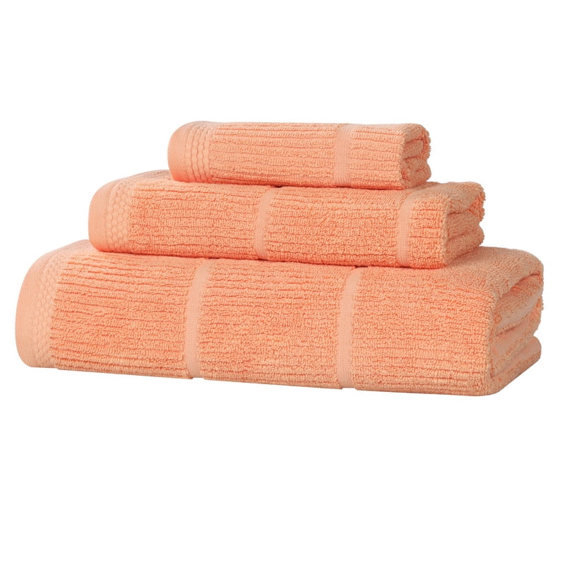 Superior Milo 3 Piece Smart Twist Cotton Towel Set, Medium Weight Ribbed Design Towels, Peach