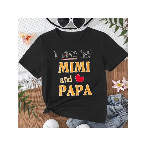 "Amo a mi Mimi y a mi Papá" - Camiseta de algodón suave para niña, informal, de cuello redondo y manga corta con detalles de corazones, lavable a máquina, perfecta para el verano.