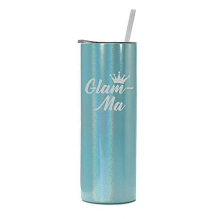 

20 oz Skinny Tall Tumbler Stainless Steel Vacuum Insulated Travel Mug Cup With Straw Glam-Ma Mom Mother Grandmother Grandma (Light Blue Iridescent Glitter)