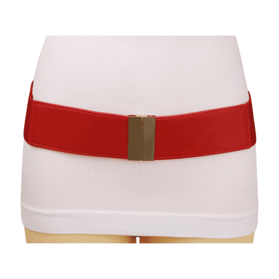 Women Red Elastic Band Fashion Belt Gold Metal Buckle S M