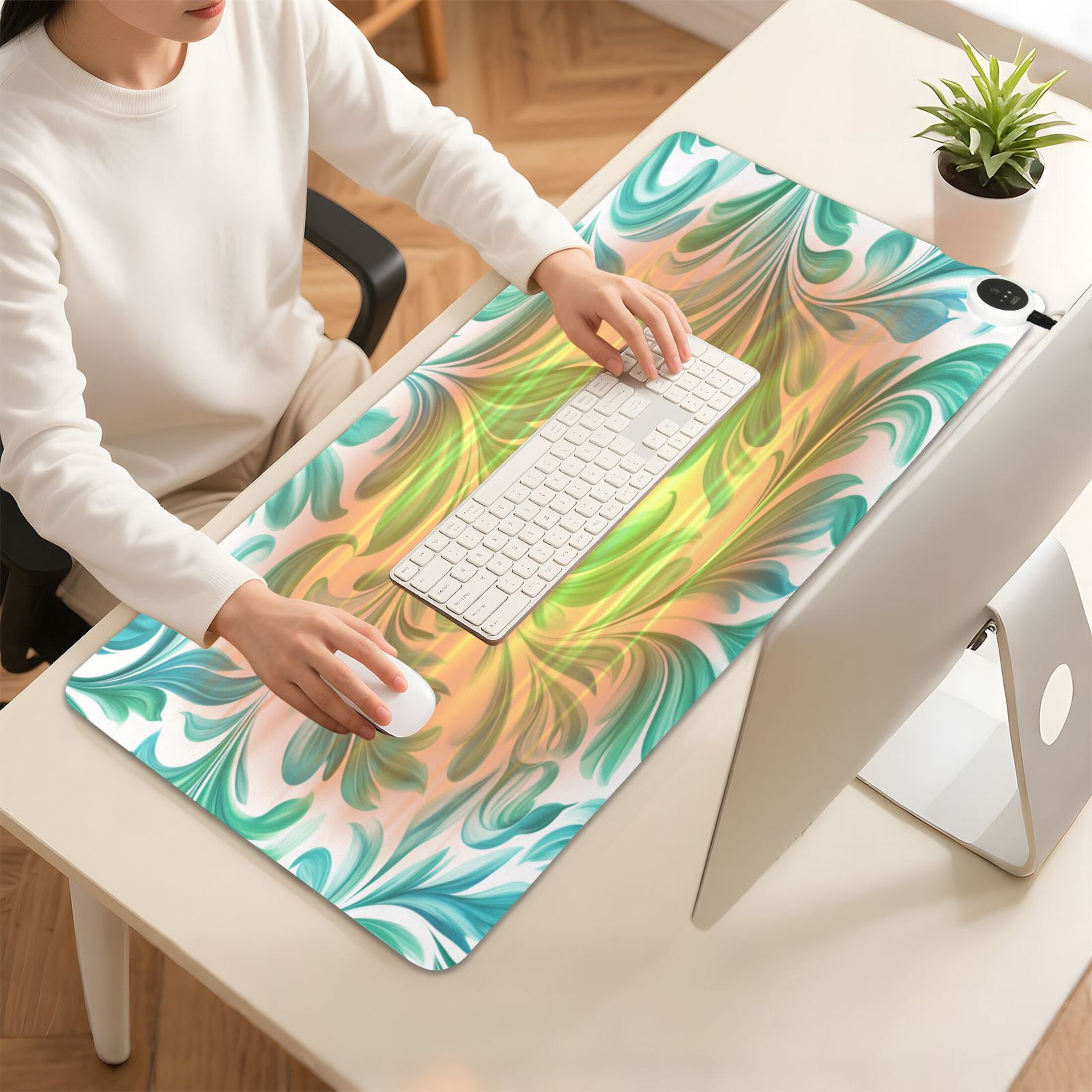 Large Heated Desk Mat Mouse Pad 31.5"x13"PU Leather Graphene Heating Desk Warmer with 3 Temperature Settings 110V US Plug Non-Slip Warm Pad for Home, Office, and Gaming Teal Swirl Damask Pattern