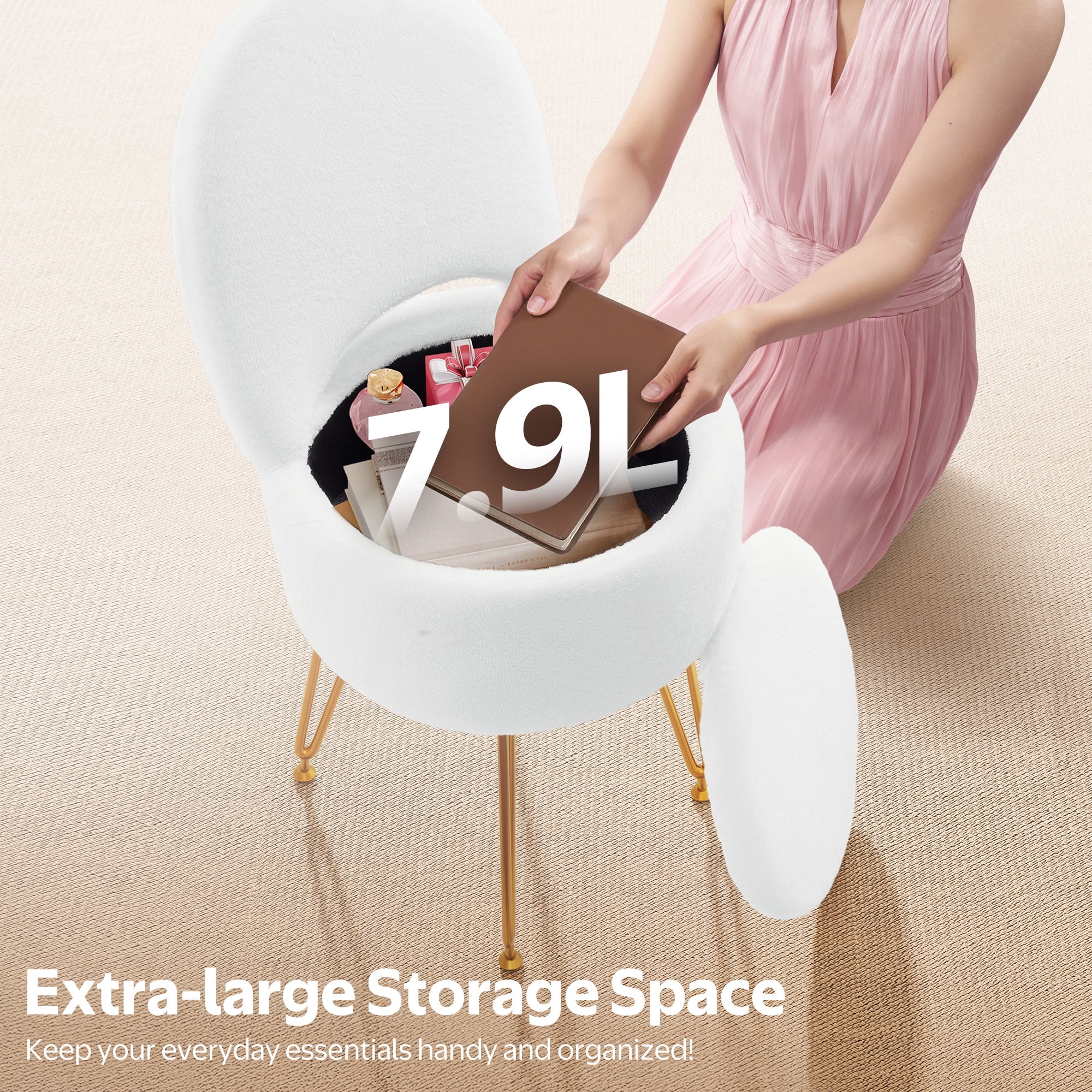 Greenstell Round Storage Ottoman, 12.9”L x 12.9”W x 17.6”H Upholstered Vanity Faux Fur Chair with Lumbar Support, Small Foot Stools Coffee Table Padded Seat for Makeup Room (White)