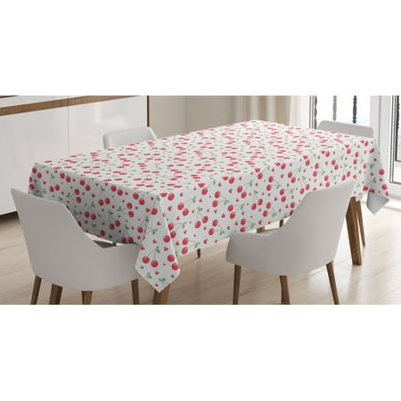 

Cherry Tablecloth Pinkish Summer Season Layout of Fruit with Leaf and Hearts Botany Art Rectangle Satin Table Cover Accent for Dining Room and Kitchen 52 X 70 Coral Green by Ambesonne