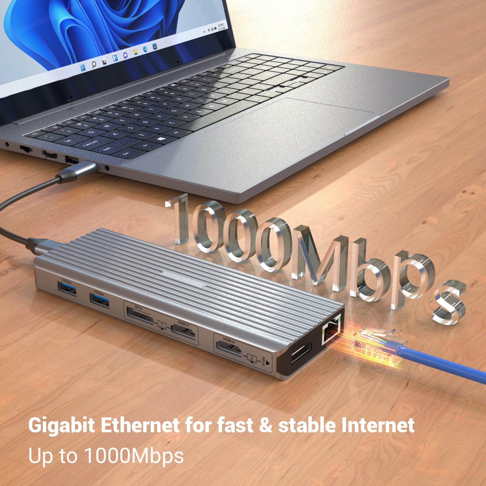 11 in 1 USB C Hub Docking Station with Multi Display for D-ell, Hua-wei, Le-novo - includes 2 C to C and C to A Cables, 2 * 4K HDMI, 2 * 4K DP, 3 * 10Gbps USB-A, Ethernet, PD, 3.5MM Jack