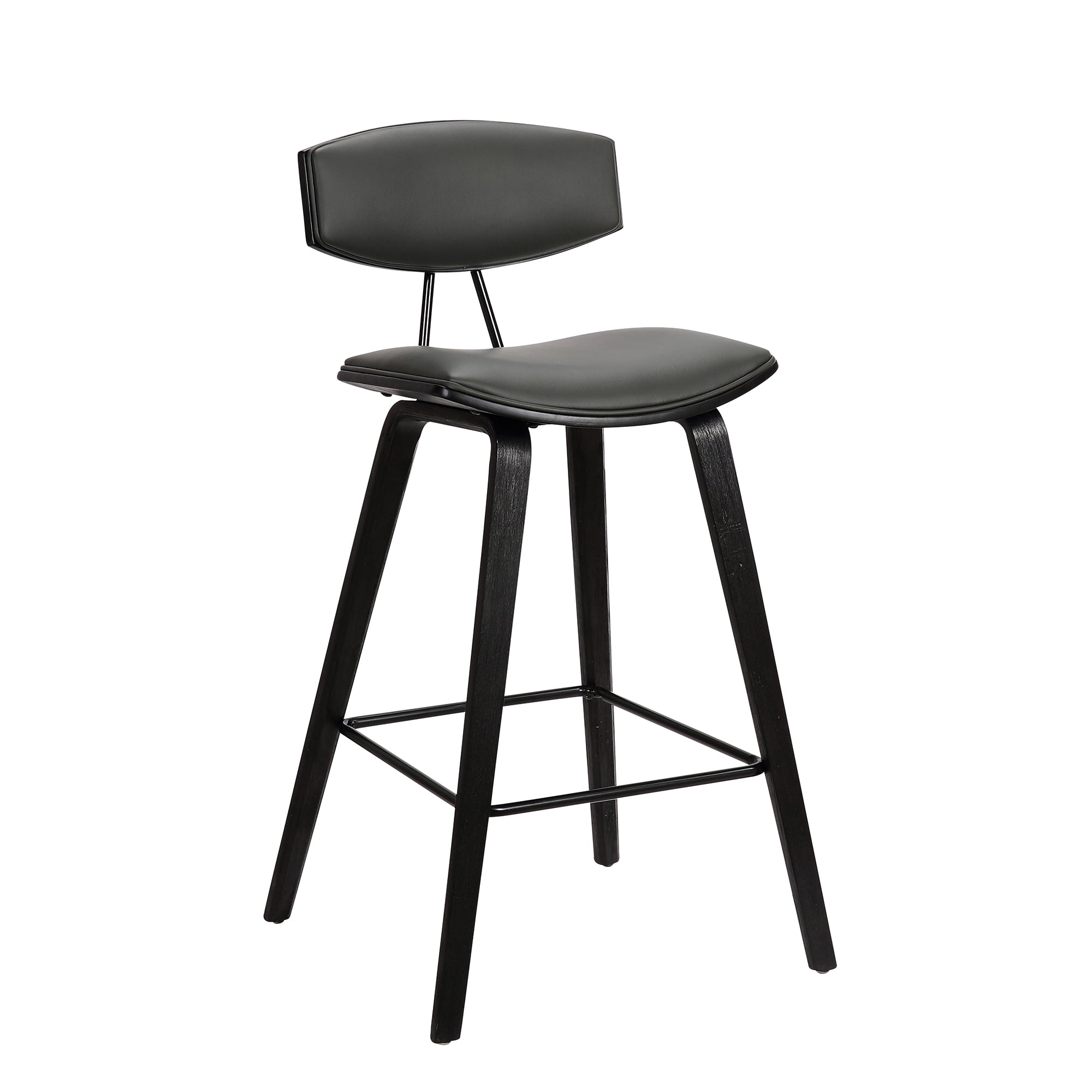 Fox 28.5" Bar Height Gray Faux Leather and Black Wood Mid-Century Modern Bar Stool - Set of 3