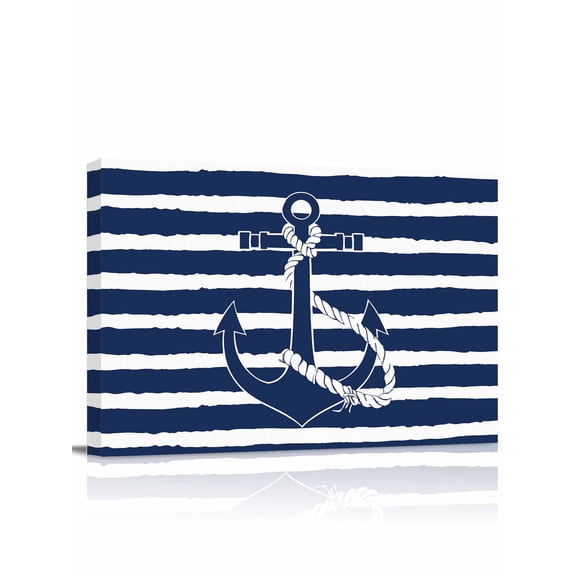 Navy Blue Anchor Nautical Wall Art for Living Room,Canvas Picture Wall Decor for Bathroom Bedroom,Navy Blue Striped Farmhouse Painting Artwork for Office Kitchen Hallway Dining Room Decor 24"x32"