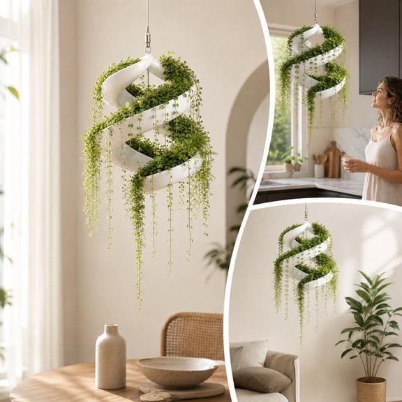 Luoshdecor Hanging Planter Rotating Stand,Chrome Spiral Design with Chains and Hooks,for Kitchen Dining Room Bedroom,White,7.9x4.7 Inch