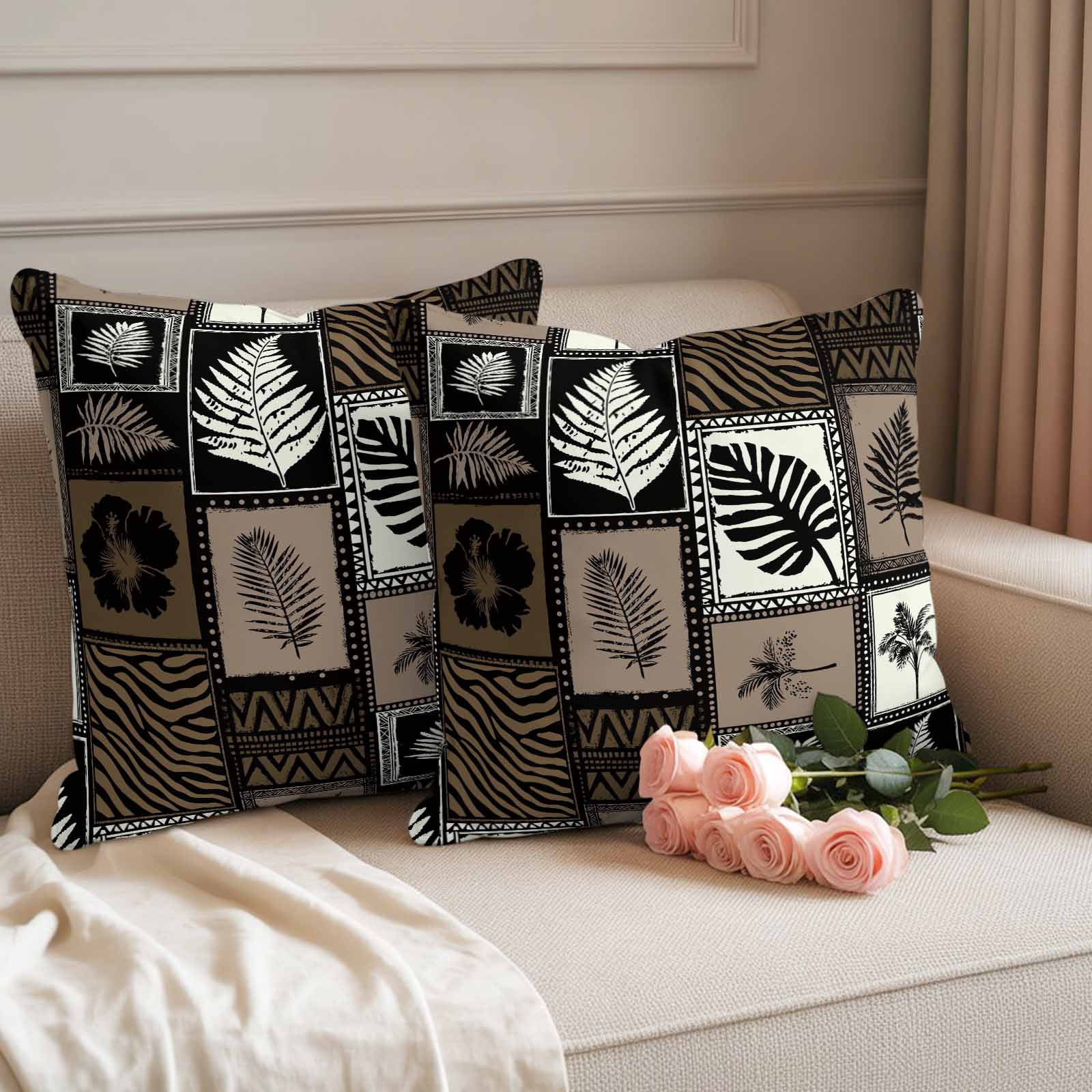 Tropical Summer Boho Outdoor Pillow Covers Set of 2 Monstera Fern Palm Leaf Hibiscus Brown Waterproof Throw Pillow Cover Decorative Cushion Cases for Patio Porch Garden 16X16 Inch