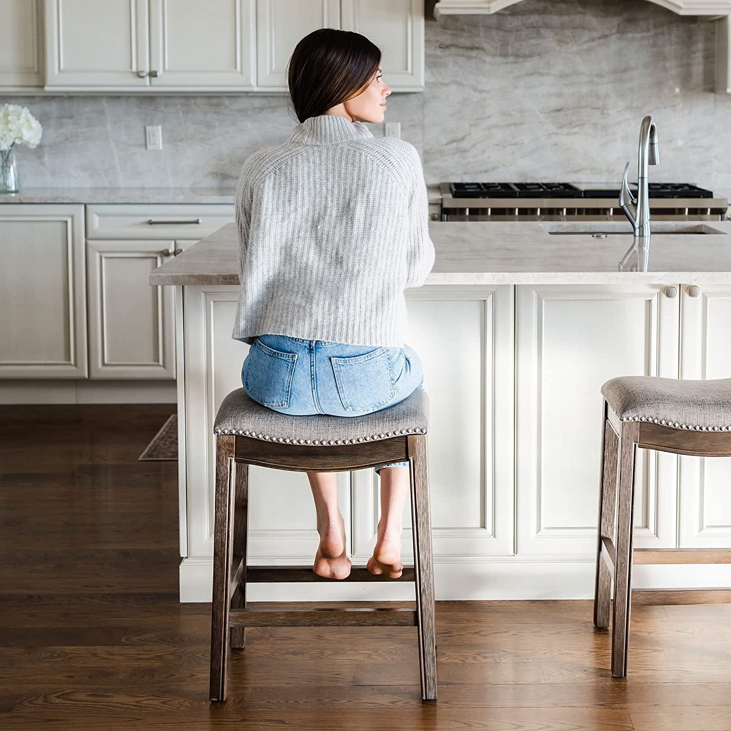 Maven Lane Adrien 31" Wood Barstool - Handcrafted Walnut Finish with Ash Grey Fabric Seat for Comfort - Durable Backless Barstool for Kitchens, Dining Rooms, Pub