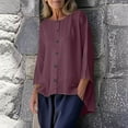thumbnail image 3 of Scyoekwg Women's Linen Tops Long Sleeve Button Crew Neck Tunic Shirts Solid Blouses for Seniors Casual High Low Tunic Tops (Purple,M), 3 of 9