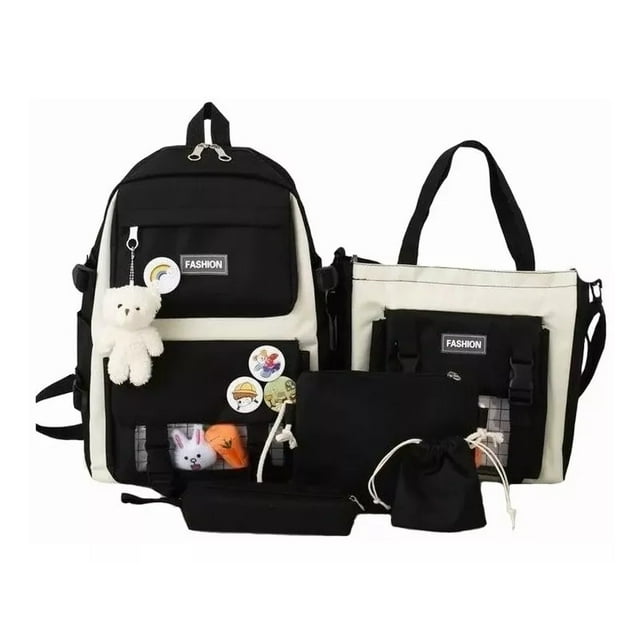 Set de mochilas de estilo coreano para viajes escolares, 5 piezas, color negro