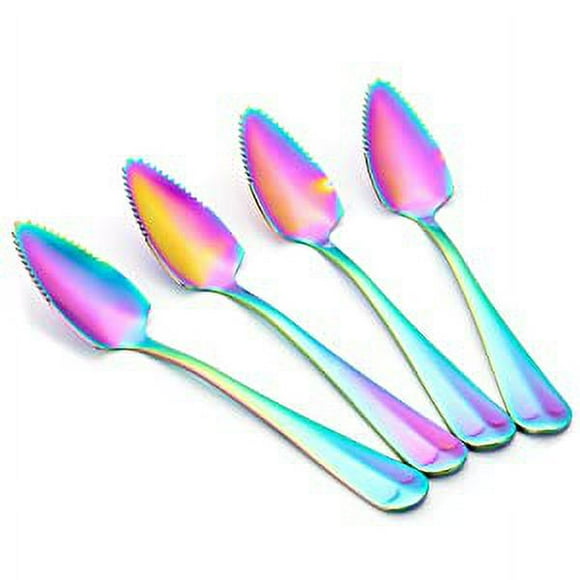 Stainless Steel Grapefruit Spoons For Citrus Fruit, Rainbow Magic Mirror Finish Serrated Grapefruit Spoons, Watermelon Dessert Spoon Set Of 4