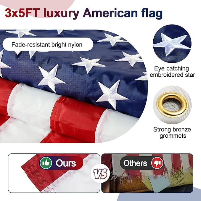 GOGHOST 6ft Tangle Free Stainless steel Flag Pole with 3x5 Embroidered US Flag and Bracket for Outside House-Black