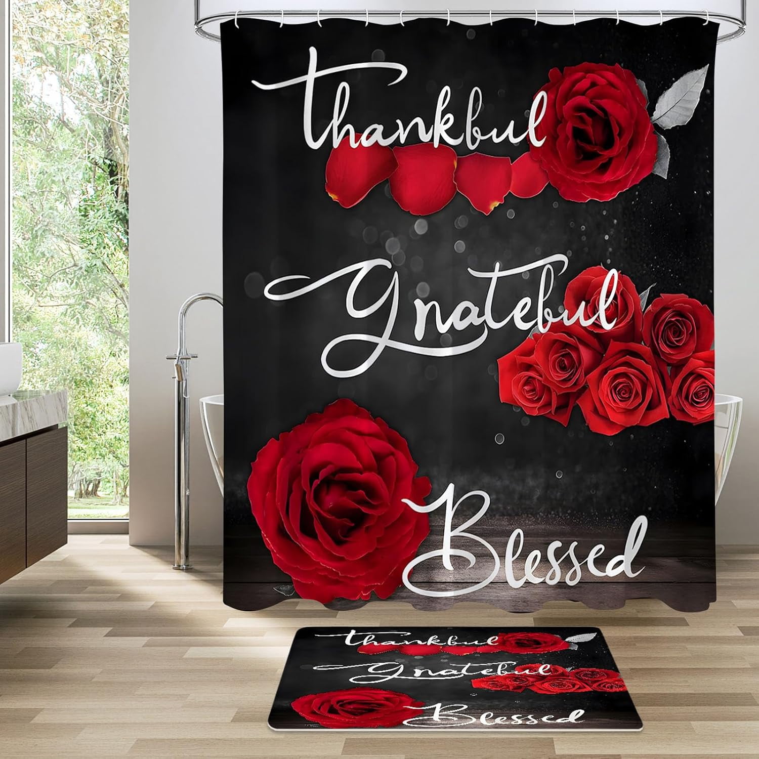 4 Pcs Red Rose Shower Curtain Set with Non-Slip Rugs, Toilet Lid Cover and Bath Mat, Thankful Grateful Blessed Romantic Showy Elegant Floral Bathroom Decor Set with Shower Curtain and Rugs