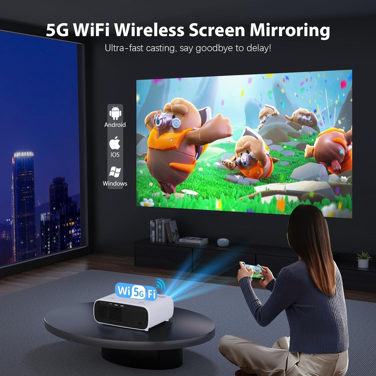 Kanstar Native 1080P Projector with 5G WiFi and Bluetooth, 500 ANSI Outdoor Portable Movie Projector for Home Theater