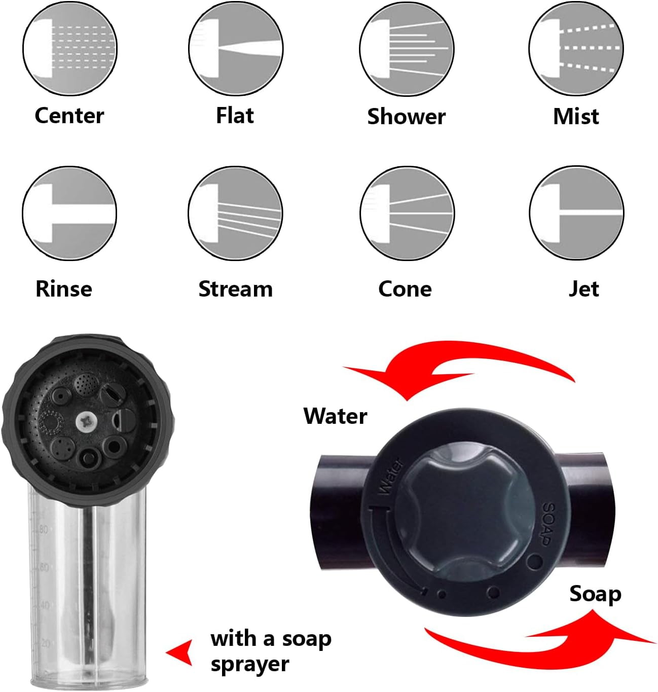 Power Garden Hose Nozzle, Adjustable Hose Sprayer Nozzle,High Pressure 8 Watering Pattern with 3.5Oz Soap Sprayer,Foam Nozzle Sprayer for Car Washing Pet Shower,Hose Attachment,BLACK