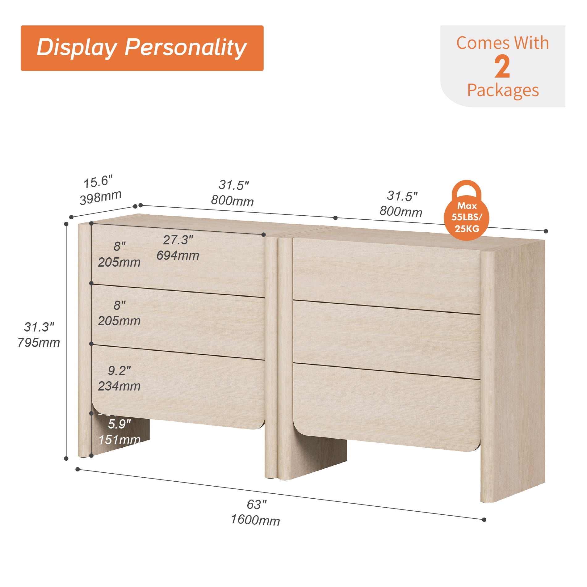 Modern French TV Stand, 63-Inch 2-Piece Media Console with 6 Push-to-Open Drawers, Supports TVs up to 70 Inches, Beige
