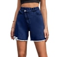 thumbnail image 2 of ClodeEU Women's High Waisted Frayed Hem Denim Bermuda Shorts,Casual Summer Jean Shorts with Pockets Dark Blue,Women's Plus XS, 2 of 6