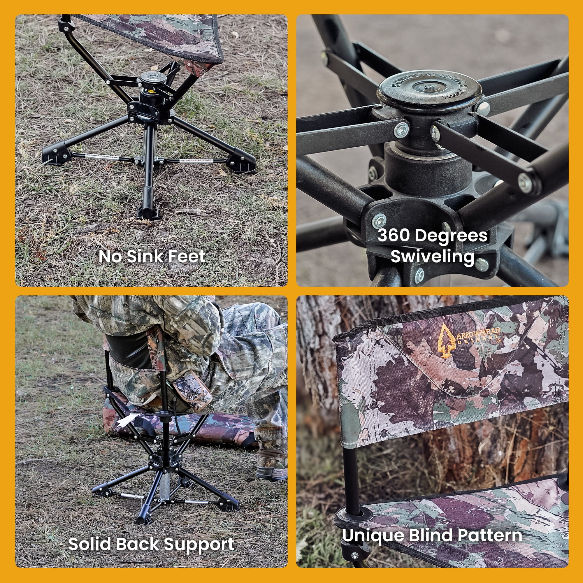 ARROWHEAD OUTDOOR Portable Folding 360° Swivel Tripod Hunting Stool Chair w/ No Sink Feet and Carry Bag