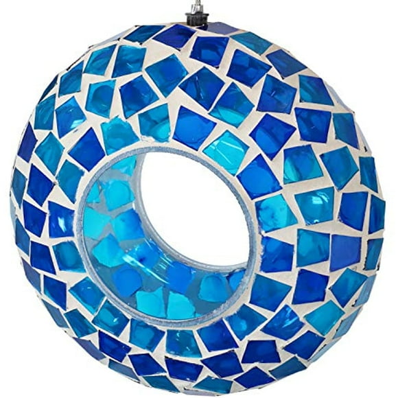 Sunnydaze Hanging Bird Feeder - Outdoor Round Decorative Birdfeeder with Fly-Through Opening and Blue Glass Mosaic Design - Backyard, Deck and Porch Decor - 6-Inch