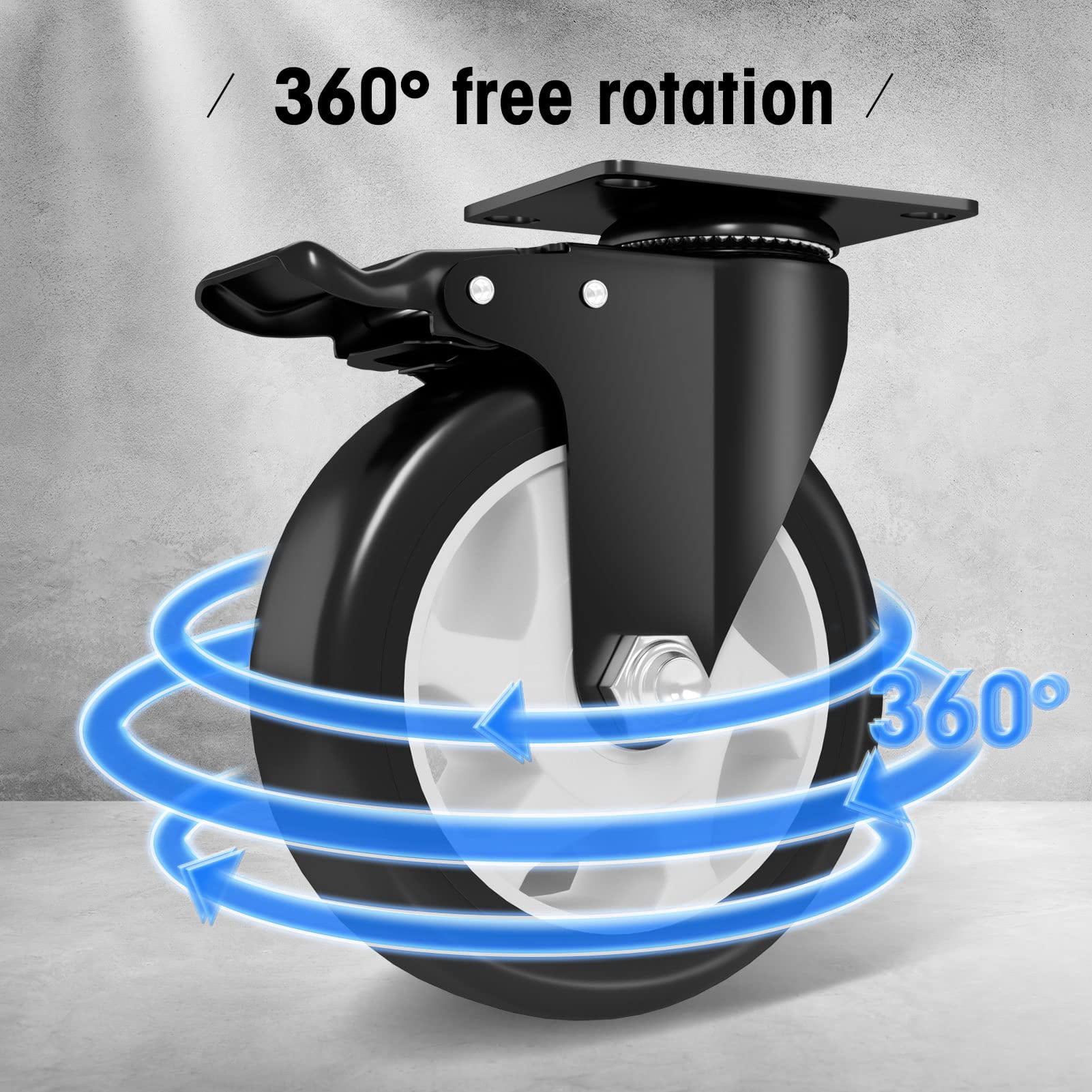 5" Caster Wheels Heavy Duty, ASHGOOB Casters Set of 4 - Non-Marking Black Polyurethane Castors, Top Plate Swivel Wheels, Industrial Casters with Brake, Locking Casters for Furniture and Workbench
