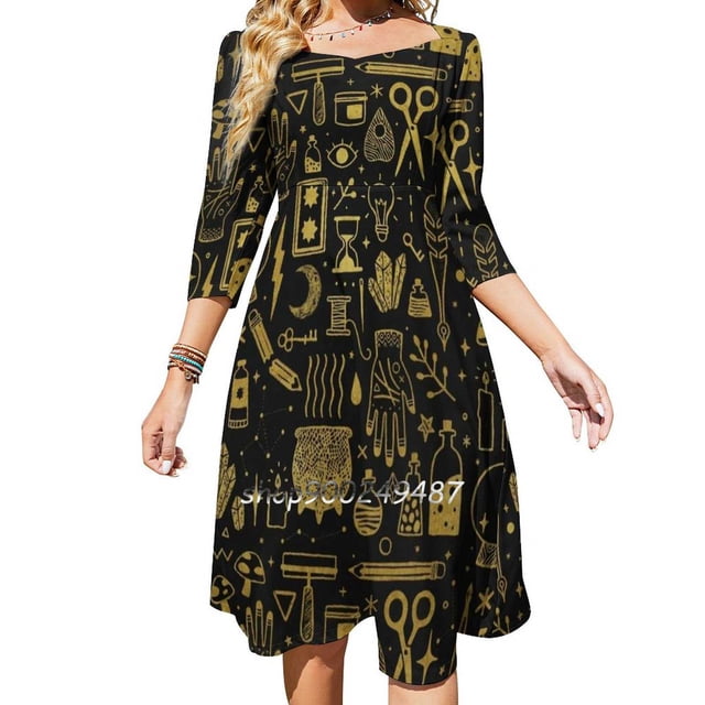 Graphiques Financiers de Données d'Affaires Bannière Bleue Robe à Encolure Carrée Robe d'Été Douce Femme Élégante Robe à Imprimé Licou Graphique