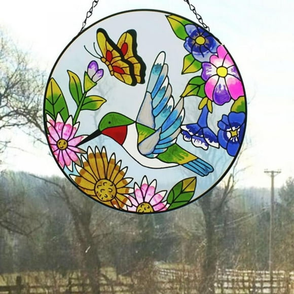Stained Hummingbird Stained Glass Window Hangings,Suncatcher Panel with Chain for Wall or Windows