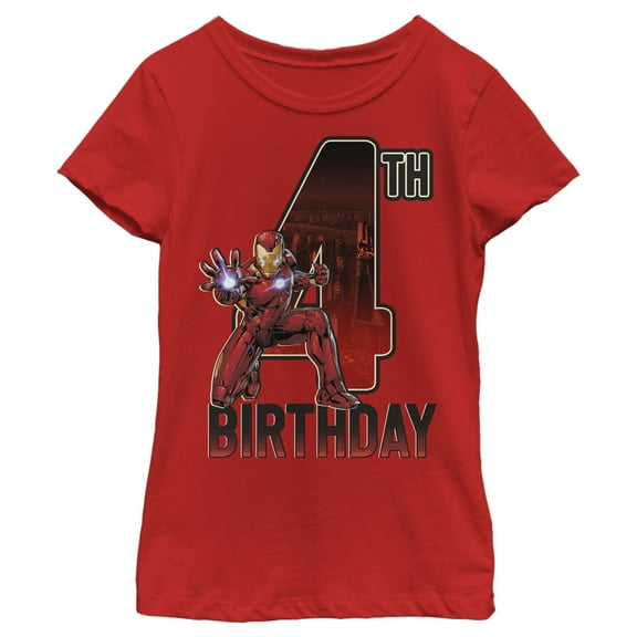 Girl's Marvel Iron Man 4th Birthday Action Pose  Graphic Tee Red Medium